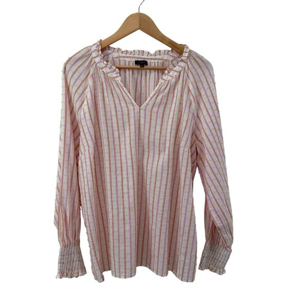 Talbots Jacquard Stripe Smocked Cuff Swiss Dot Blouse Size L Pink Yellow Cottage - Picture 3 of 9